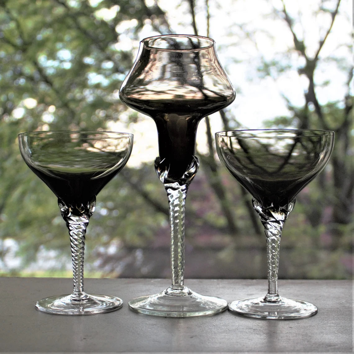 Vintage Murano Martini Glass Set: Smokey Black MCM Barware