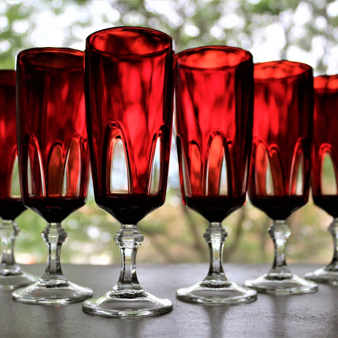 Vintage Red Cut to Clear Crystal Champagne Flutes - Set of 6