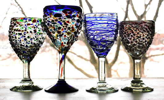 Mexican Confetti Glass Goblet Set of 4: Fused Glass Sangria Glasses