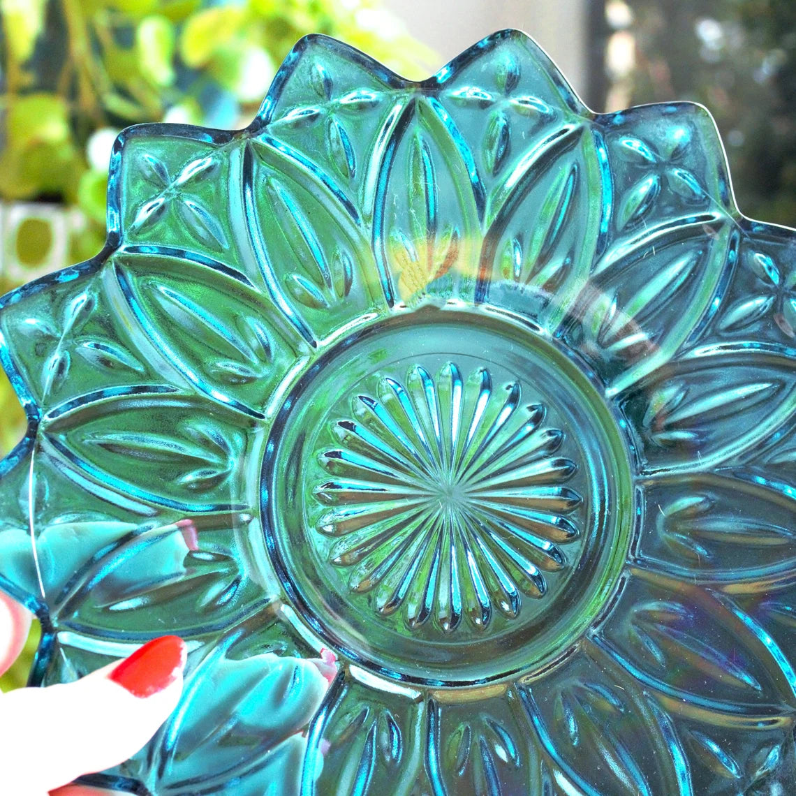 Rare Teal Blue Federal Glass Plate - Vintage Petal Salad Plate