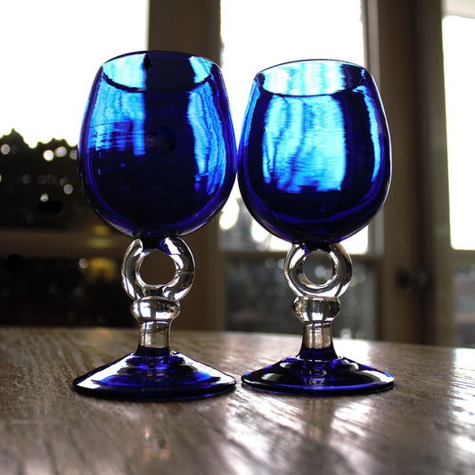 Handblown Cobalt Blue Wine Glass Set - Unique Circle Stem, 2pc