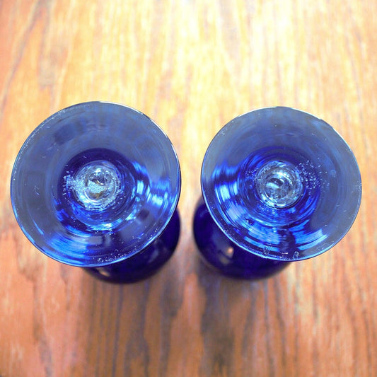 Handblown Cobalt Blue Wine Glass Set - Unique Circle Stem, 2pc
