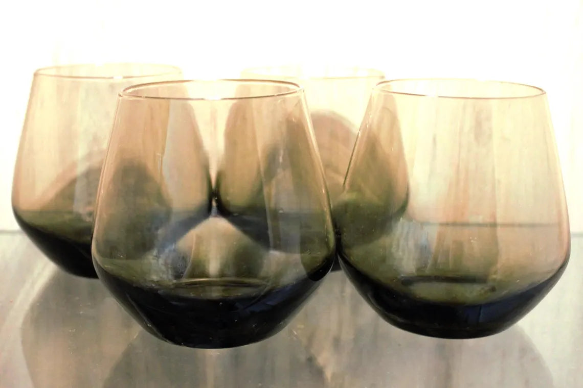 Vintage Smoky Glass Tumblers – Set of 4 Stemless Wine Glasses | Modern Barware