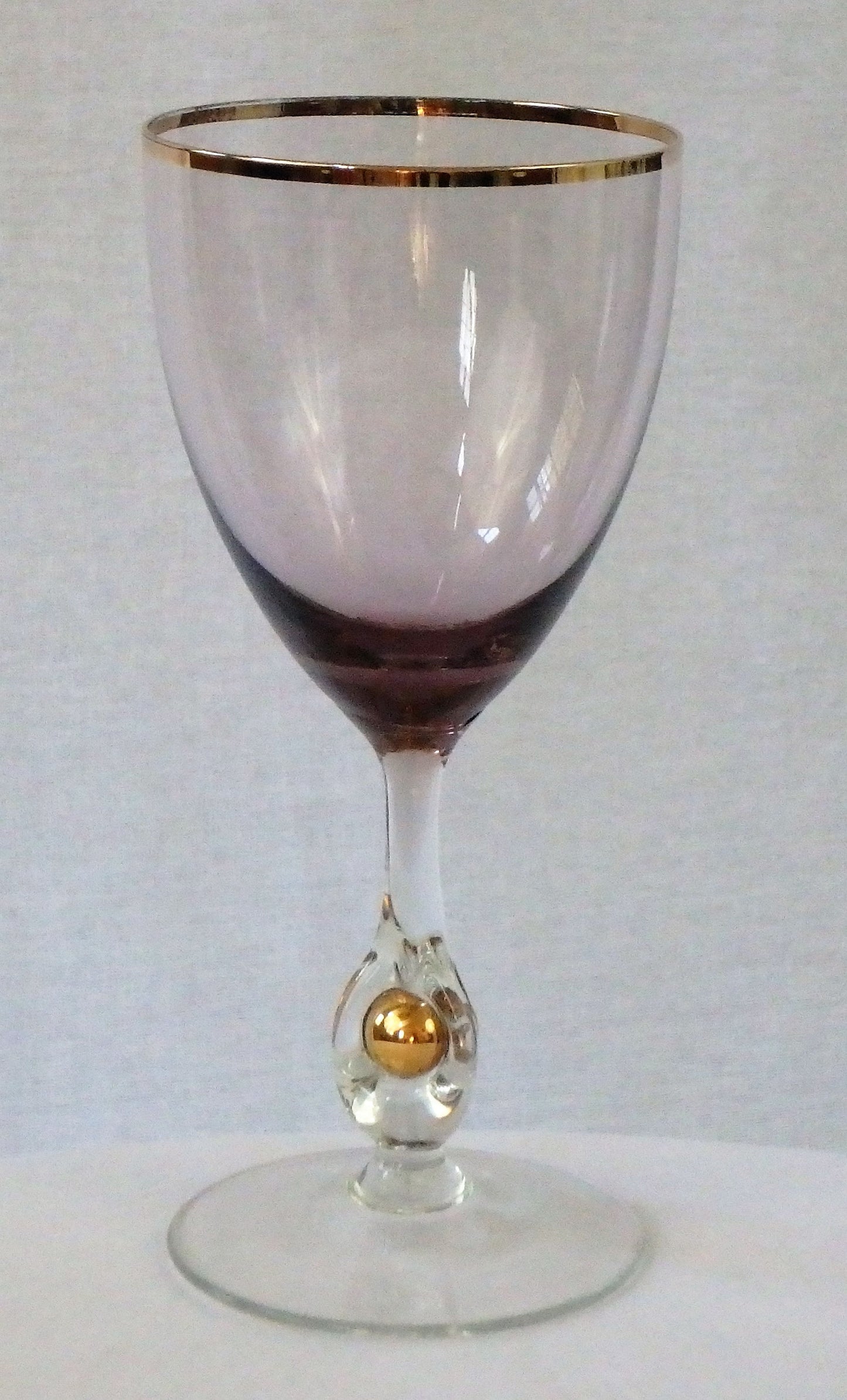 Vintage Jozef Stanik Amethyst Glasses, Gold Ball Stem, Art Deco Barware Set of 2