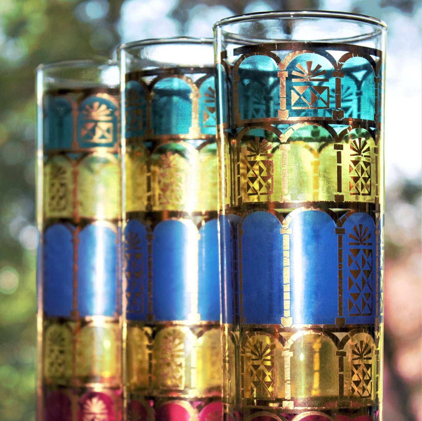 Vintage Stained Glass Cocktail Glasses: Colorful Retro Tumblers, 3-Piece Set