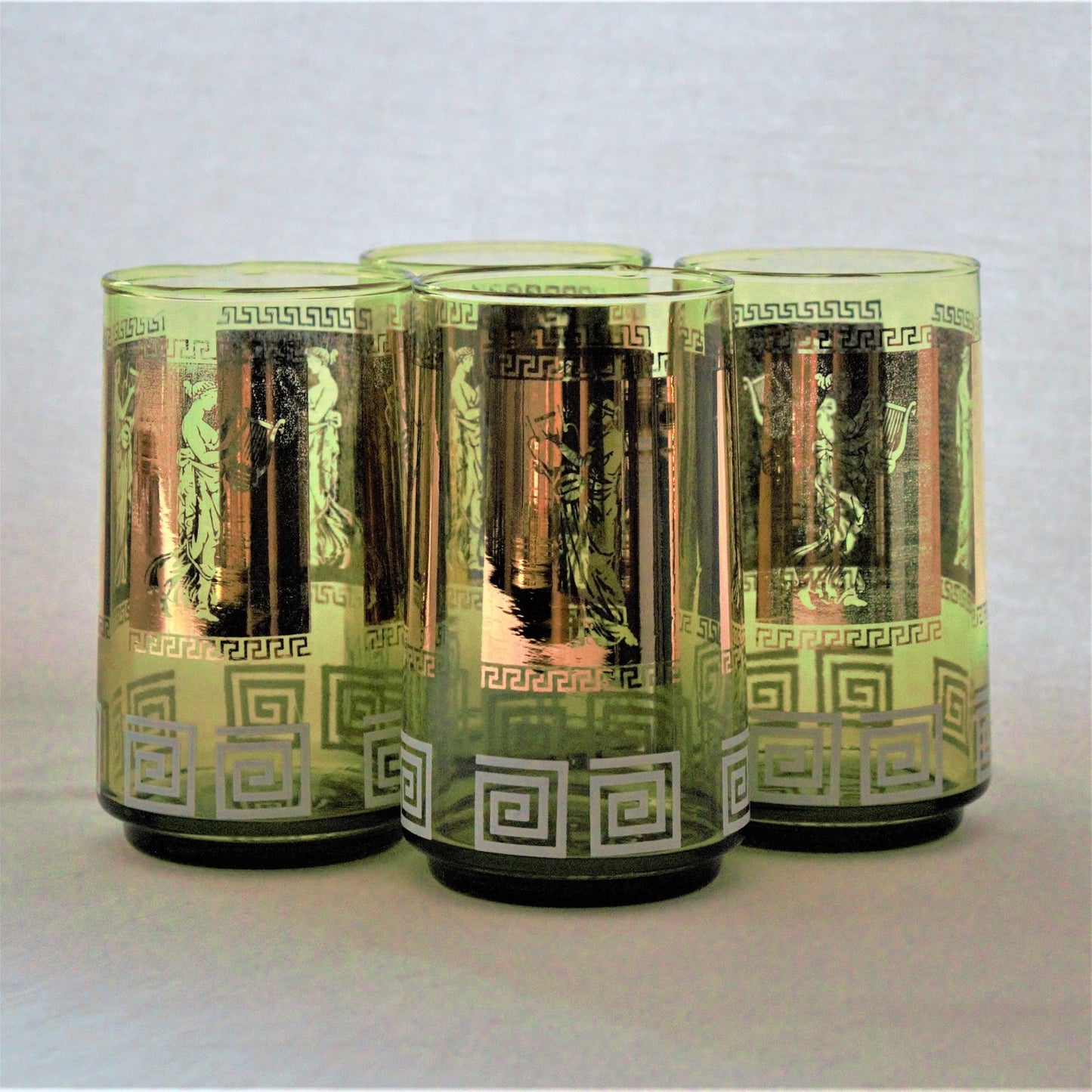 Vintage Green & Gold Tumblers, Greek Goddess Design, Set of 4