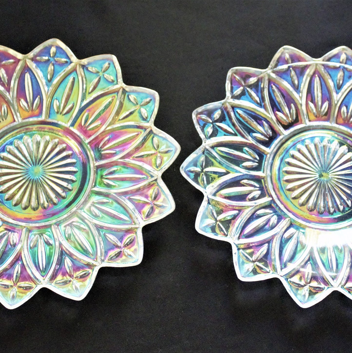 Vintage Federal Iridescent Glass Plates, Set of 2, Floral Dessert Dishes
