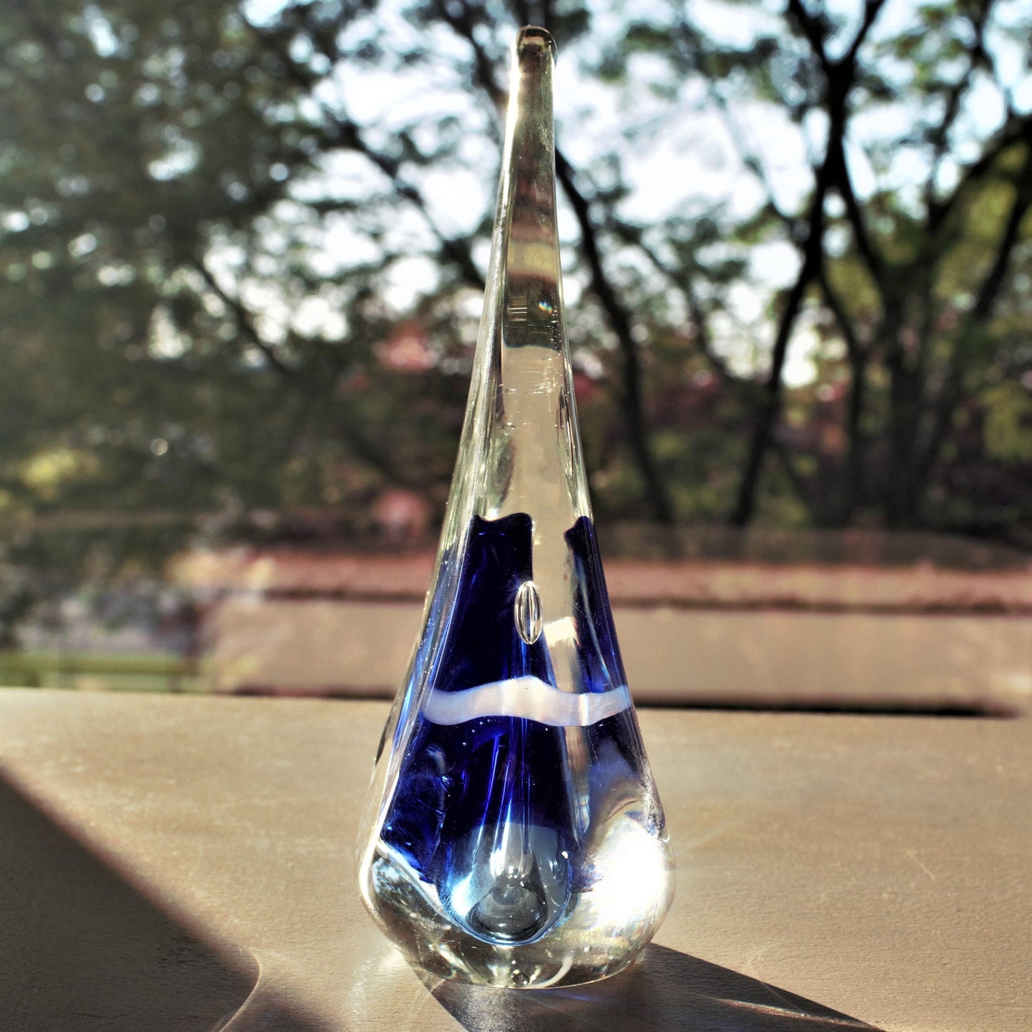 Adam Jablonski Art Glass Sculpture: Blue Teardrop Paperweight