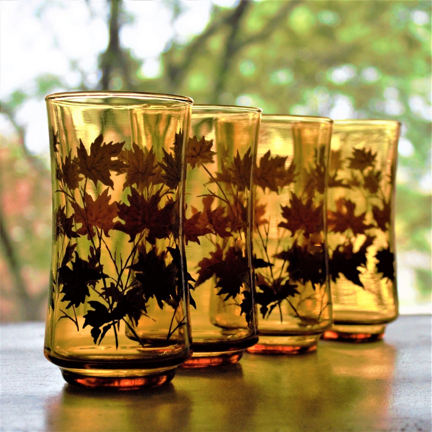 Vintage Orange Ombre Fall Leaves Tumblers - Retro Cocktail Glasses, Set of 4