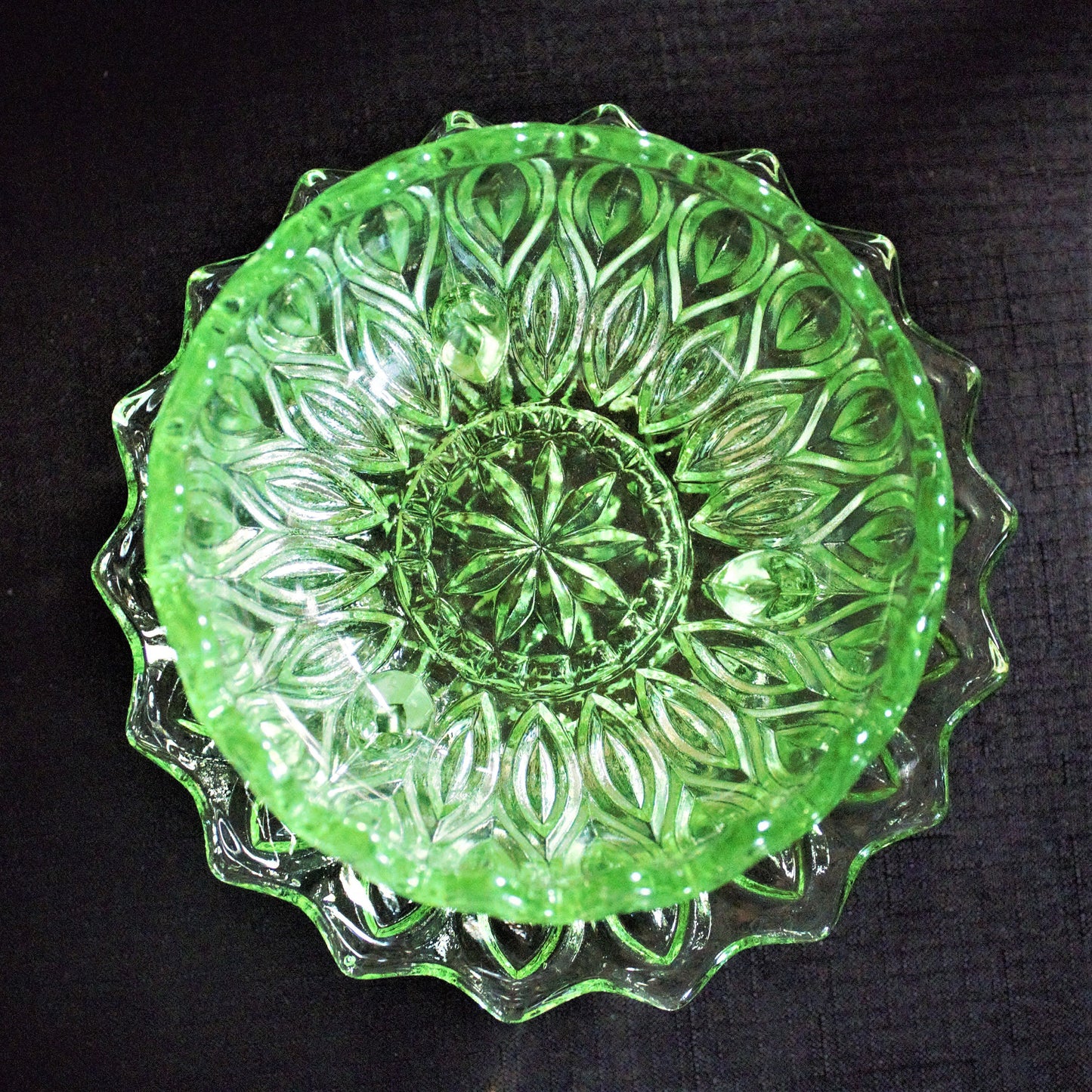 Vintage Green Pressed Glass Bowl & Plate Set: Footed Trinket Dish, 2-piece set