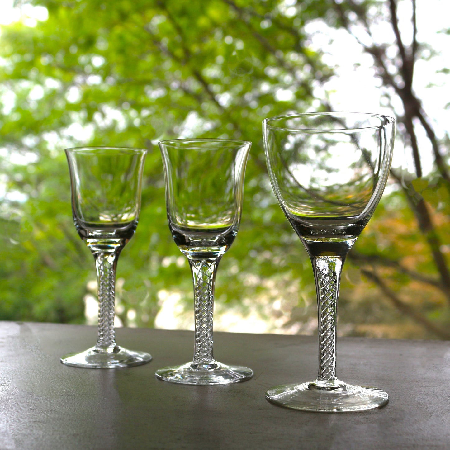 Vintage Waldonia Crystal Coupe Set: Air Twist Stem Cordial Glasses