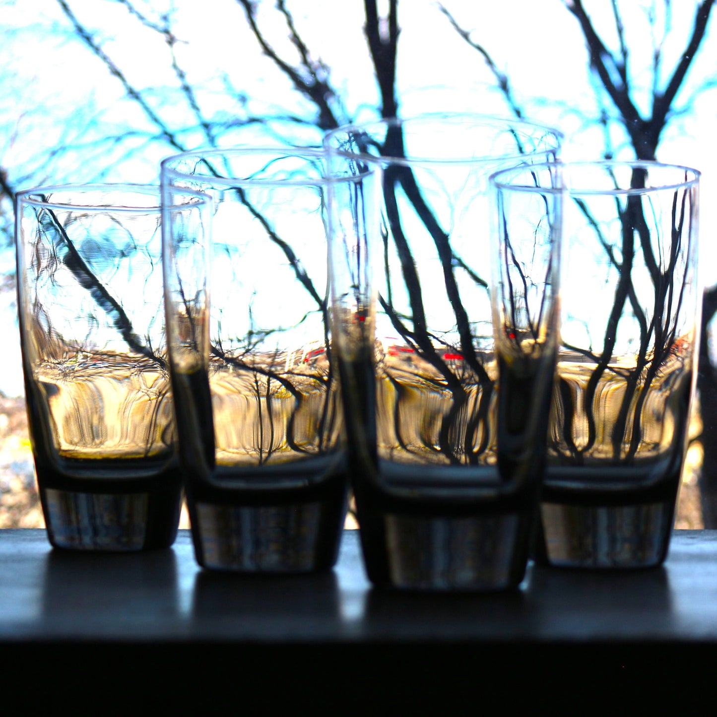 Vintage Smokey Black Highball Glasses - Mid-Century Modern Barware, Set of 4