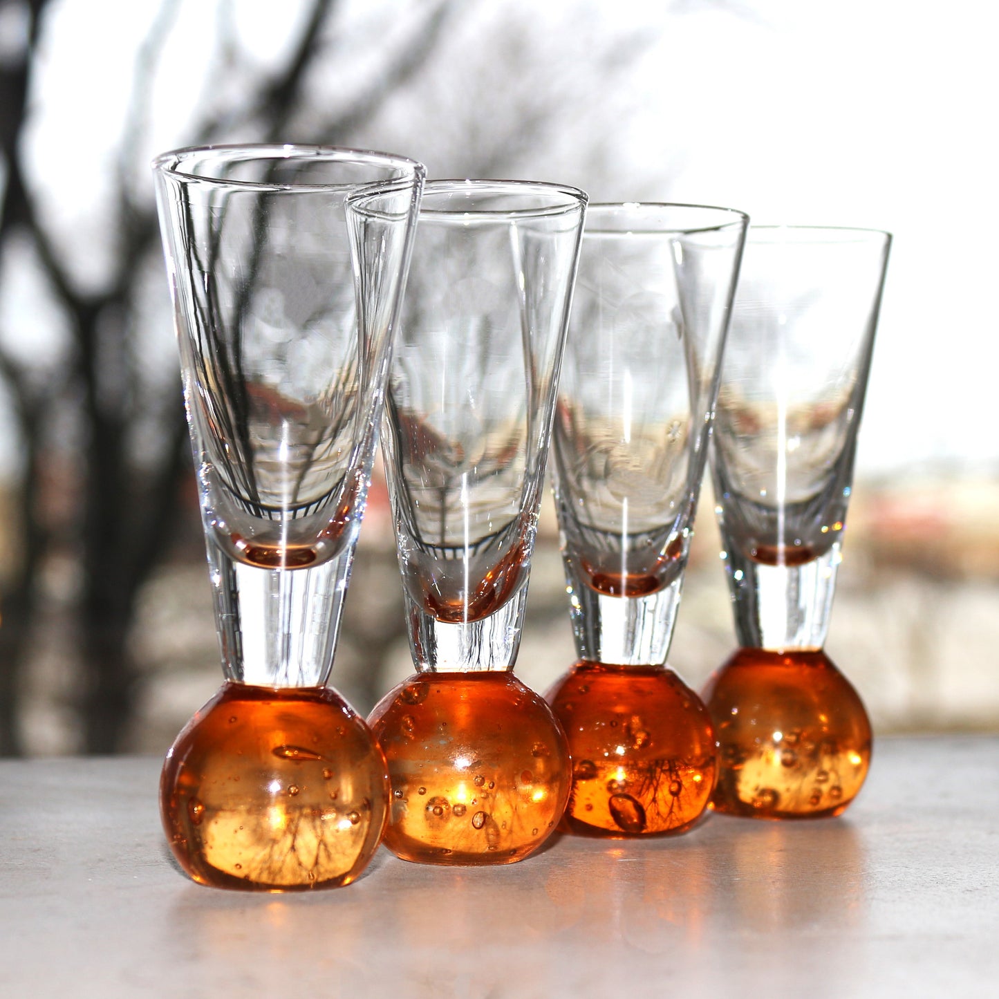 Hand Blown Orange Liqueur Shot Glass Set of four: Bubble Base Glassware