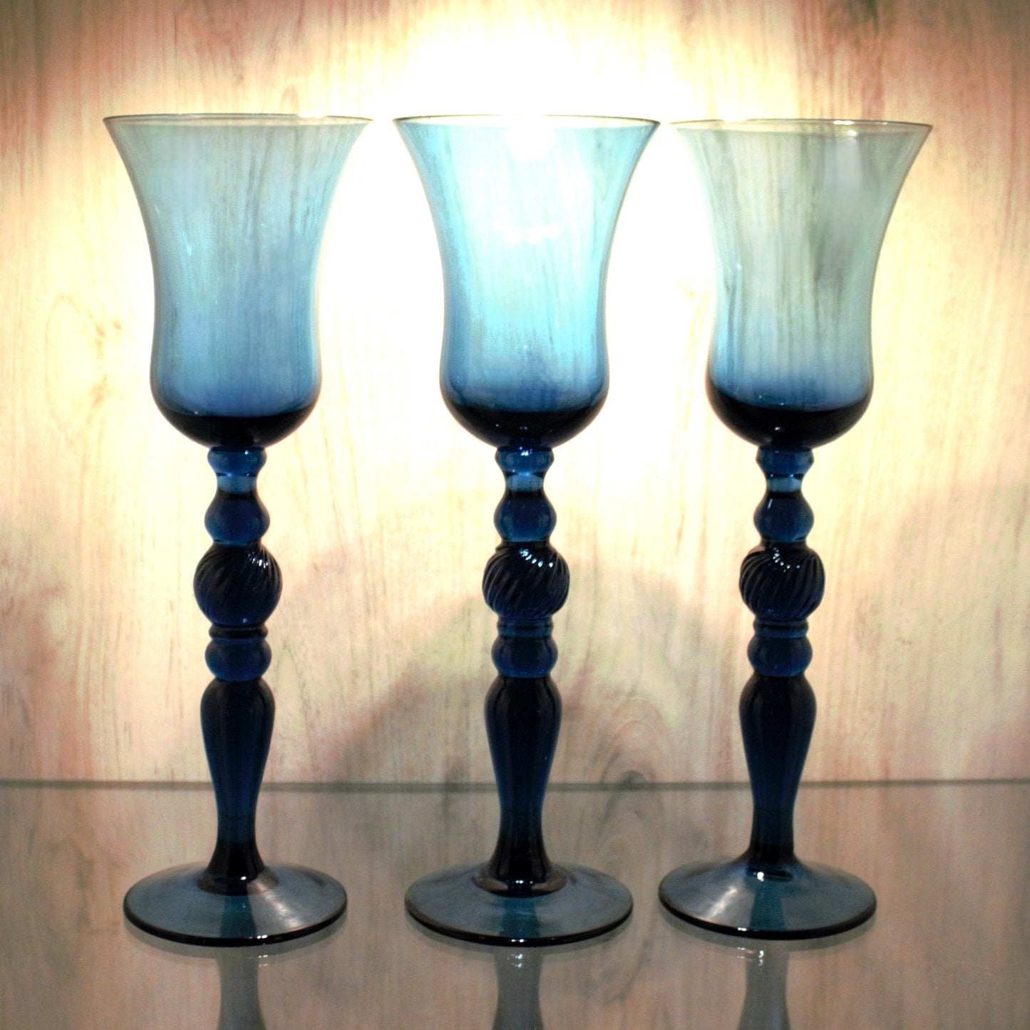 Handblown Navy Blue Cocktail Glasses - Set of 3 Vintage Tall Stemware