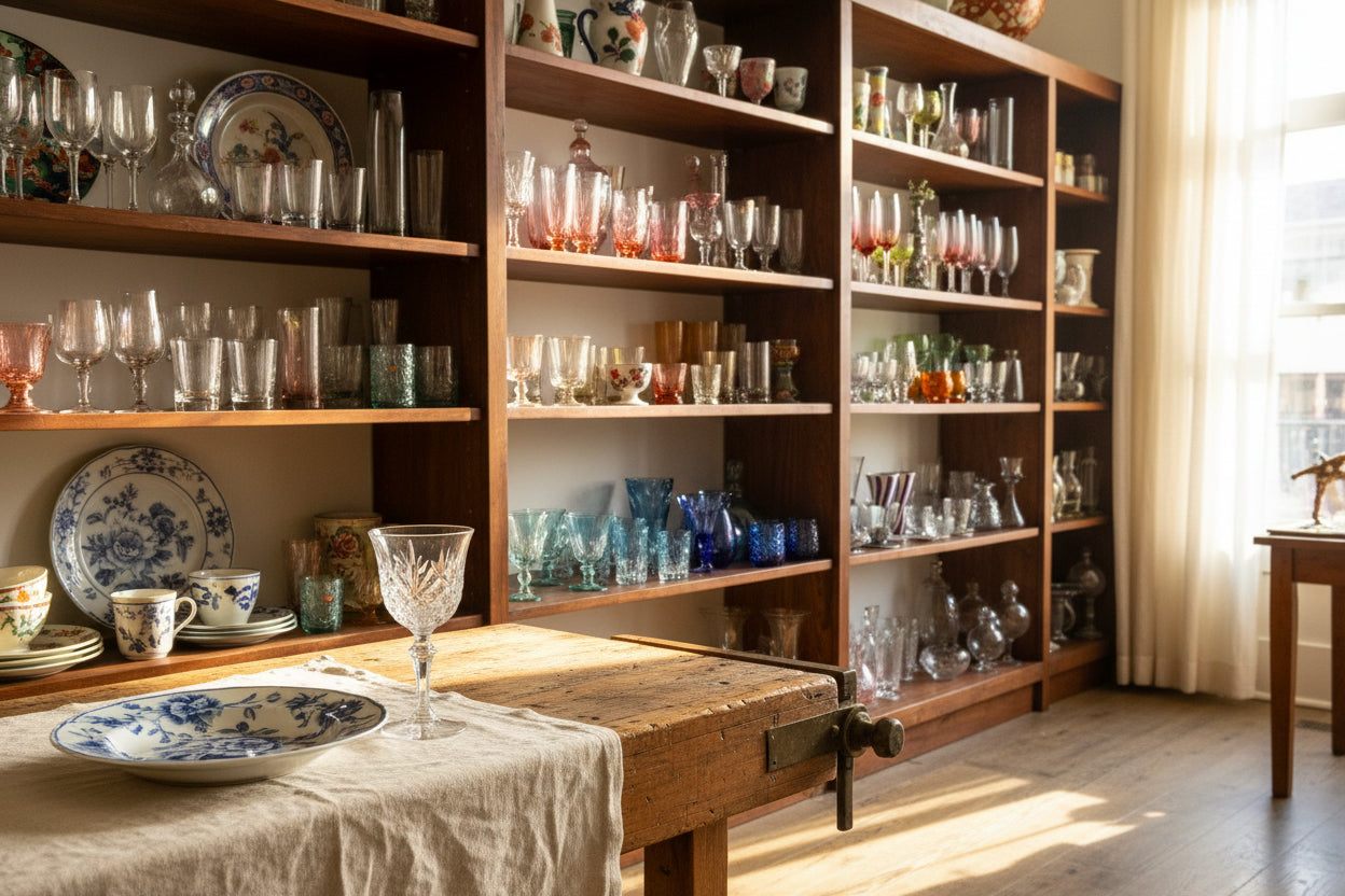A curator’s studio. Tall, dark wood shelves are filled with a vast, organized collection of vintage mid-century glassware, colorful depression glass, and antique hand-painted ceramics.