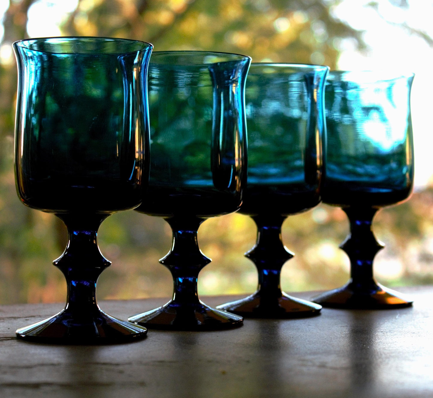 Vintage Teal Blue Wine Glasses: Hand Blown Glassware, Set of 4