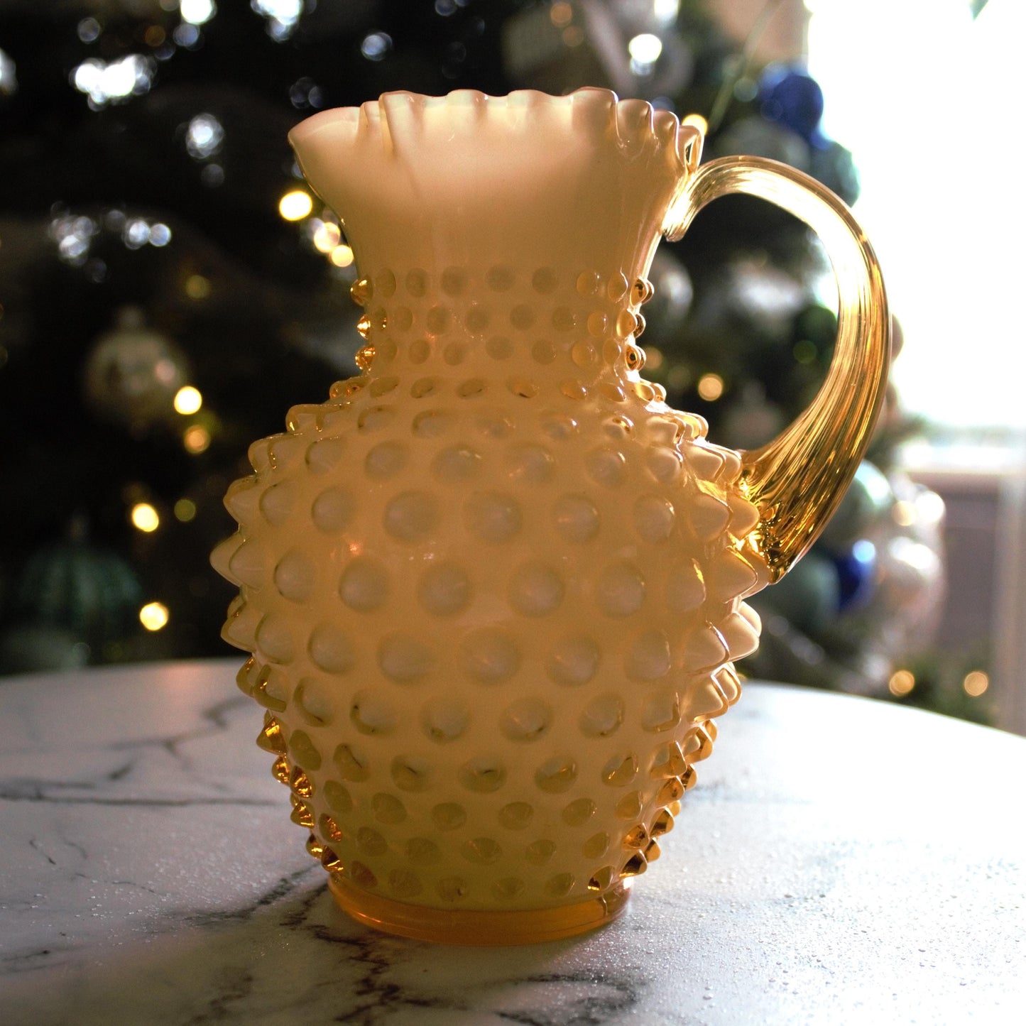 Vintage Fenton Amber Hobnail Glass Pitcher: Crimped Edge Art Glass
