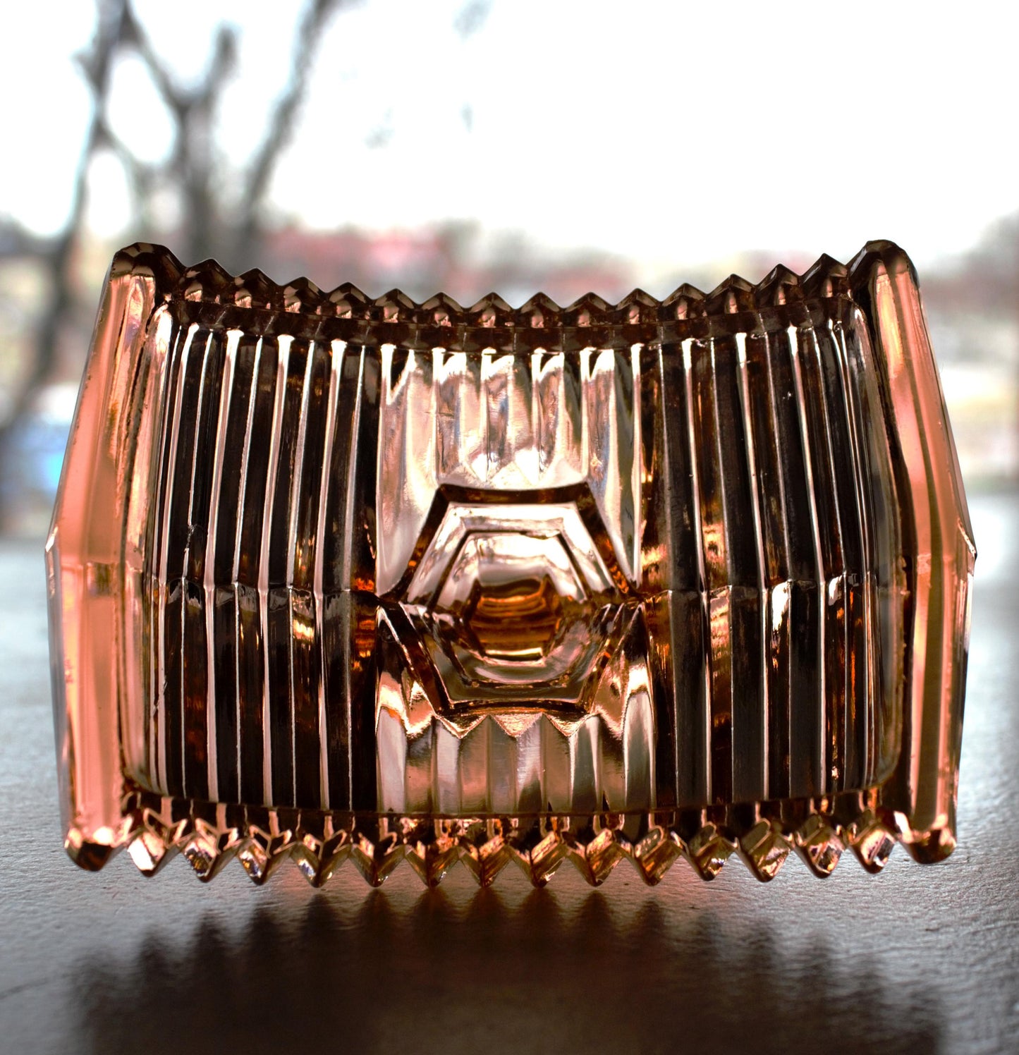 Art Deco Glass Powder Bowl: Light Amber Vanity Piece