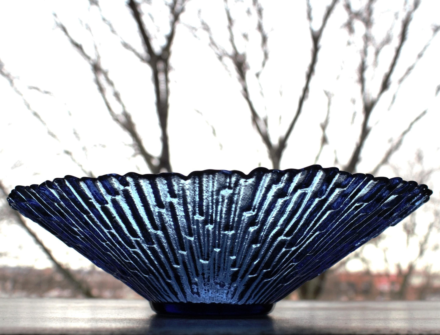 Navy Blue Glass Fruit Bowl: Scalloped Edge Centerpiece, 10" Wide