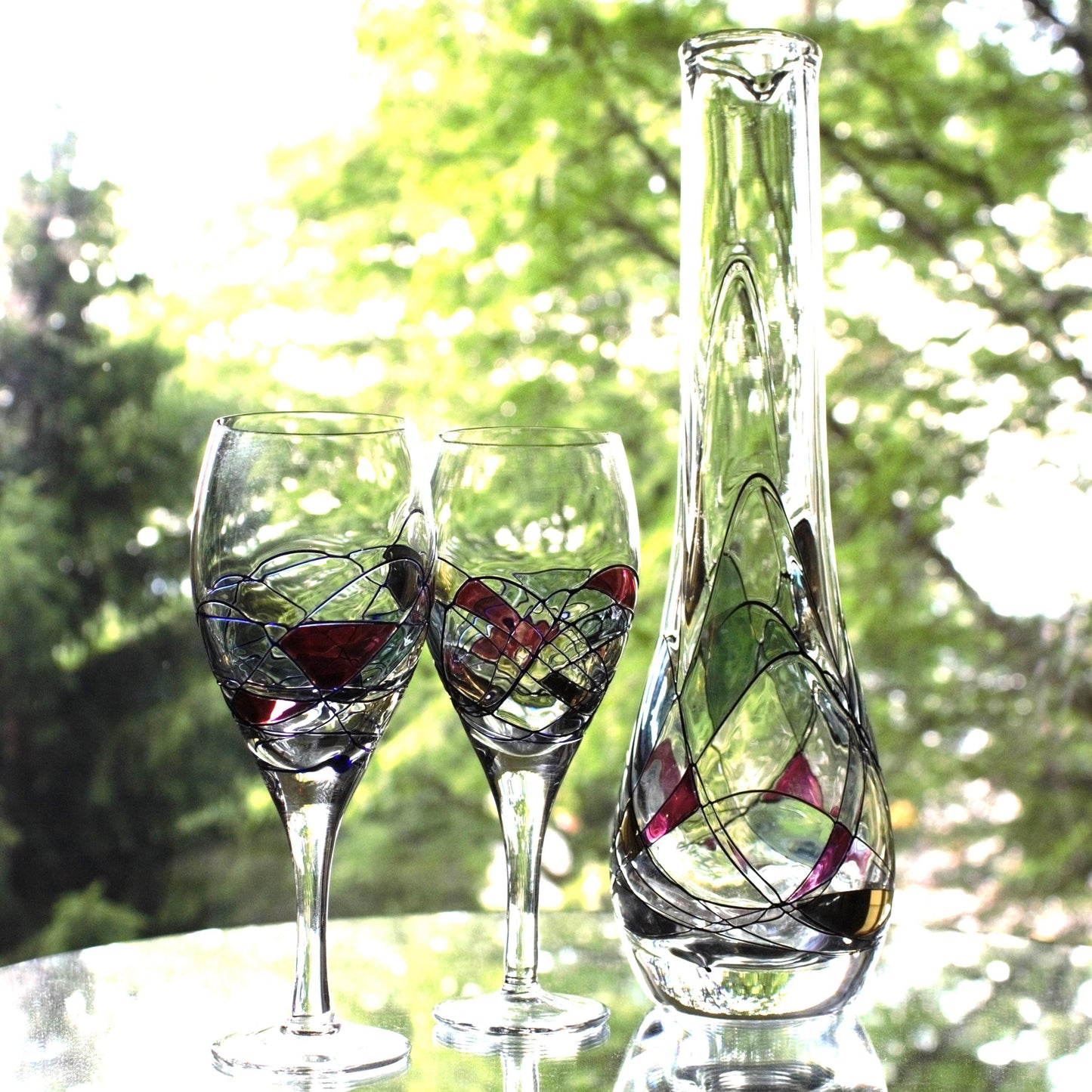 Vintage Iridescent Milano Glass Decanter Set: Romanian 3-Piece Wine Service