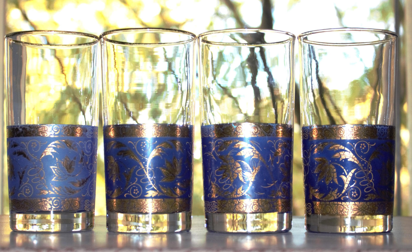 Vintage juice glass set of 4, gold and blue cocktail glasses, blue tumblers, embellished glassware