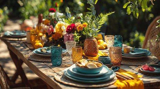 Late-summer outdoor tablescape with colourful vintage glassware, flowers and seasonal table decor