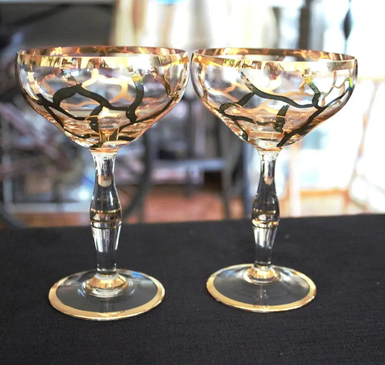 Vintage Bohemian Champagne Coupes – Set of 2 Hand-Painted Gold Toasting Glasses