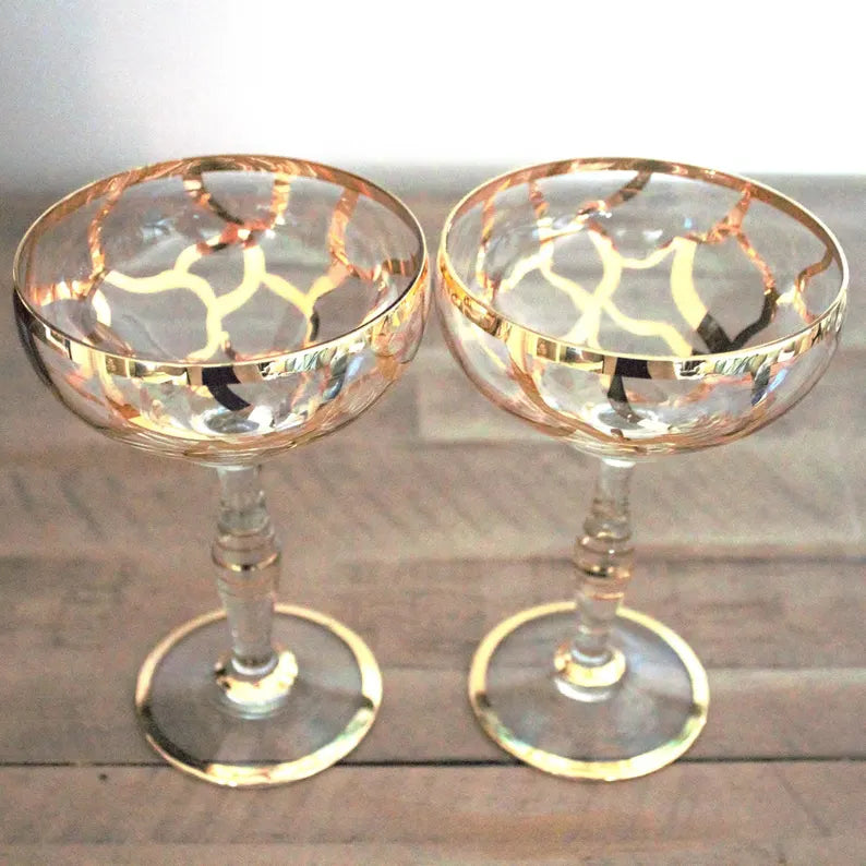 Vintage Bohemian Champagne Coupes – Set of 2 Hand-Painted Gold Toasting Glasses