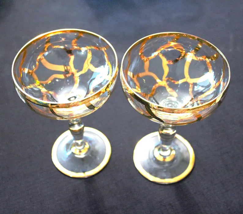 Vintage Bohemian Champagne Coupes – Set of 2 Hand-Painted Gold Toasting Glasses