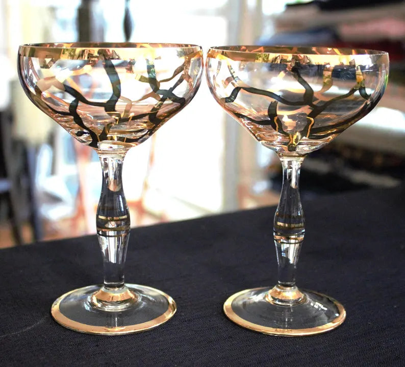 Vintage Bohemian Champagne Coupes – Set of 2 Hand-Painted Gold Toasting Glasses