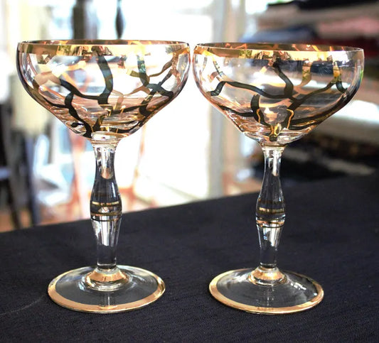 Vintage Bohemian Champagne Coupes – Set of 2 Hand-Painted Gold Toasting Glasses