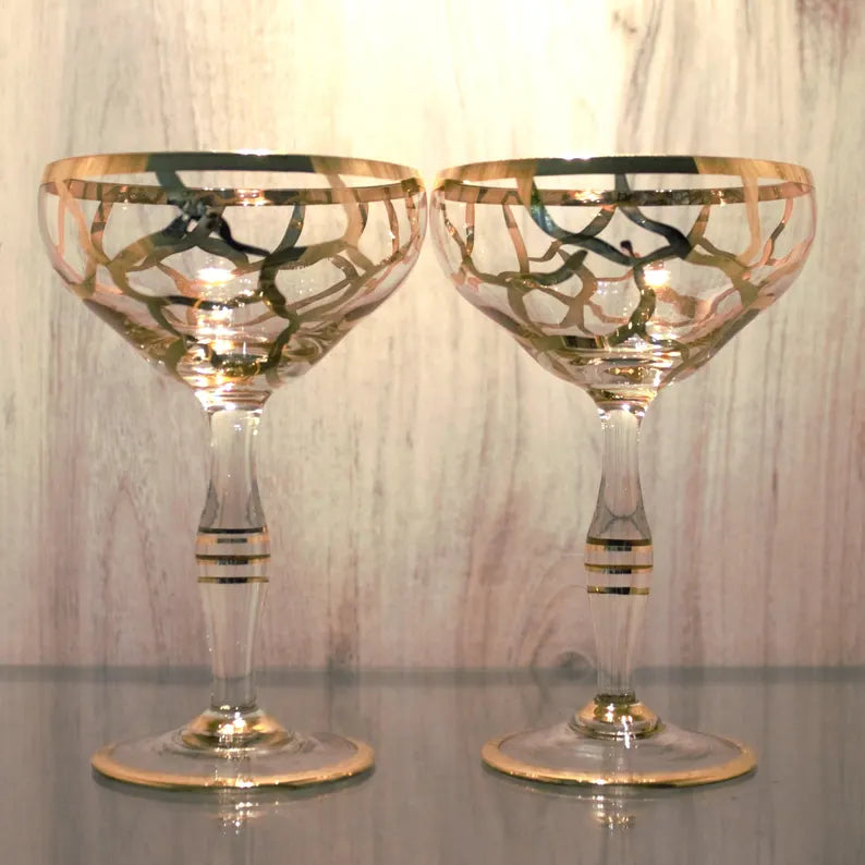 Vintage Bohemian Champagne Coupes – Set of 2 Hand-Painted Gold Toasting Glasses