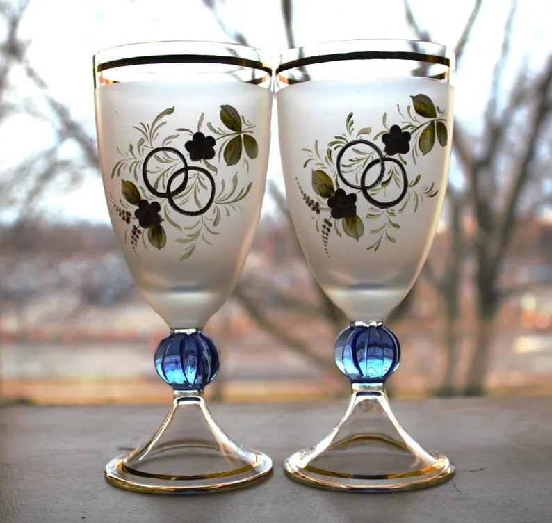 Rare Vintage Italian Hand-Painted Frosted Cocktail Glasses – Set of 2 with Gold Trim & Blue Stem