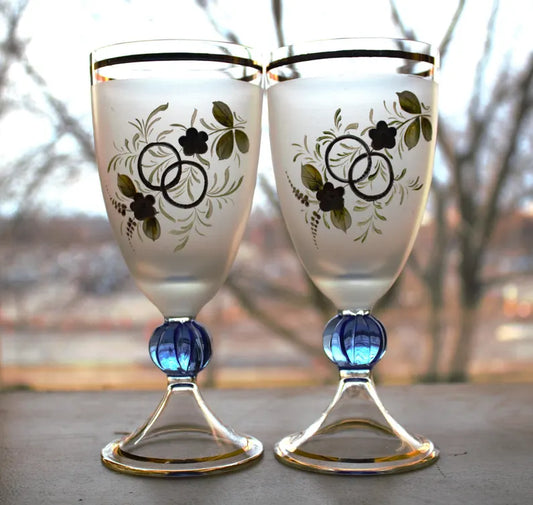 Rare Vintage Italian Hand-Painted Frosted Cocktail Glasses – Set of 2 with Gold Trim & Blue Stem