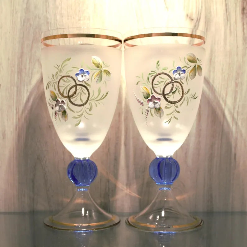 Rare Vintage Italian Hand-Painted Frosted Cocktail Glasses – Set of 2 with Gold Trim & Blue Stem