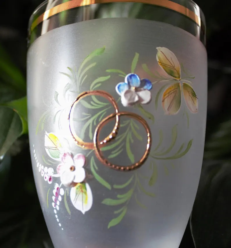 Rare Vintage Italian Hand-Painted Frosted Cocktail Glasses – Set of 2 with Gold Trim & Blue Stem