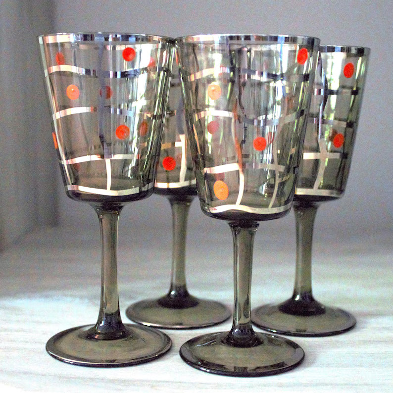 Vintage MCM Smoky Glass Cocktail Glasses – Set of 4 with Silver & Orange Atomic Design