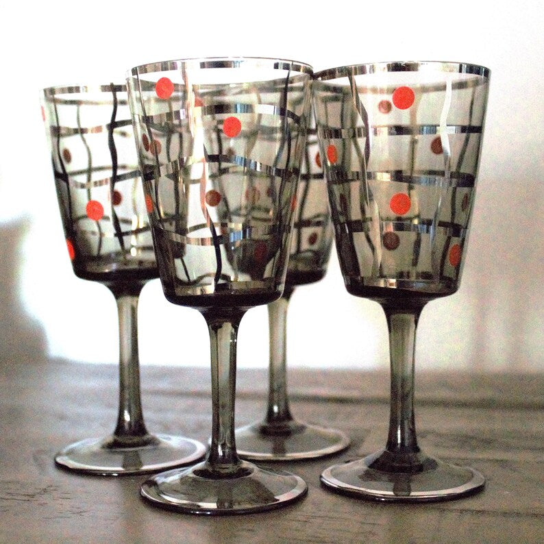 Vintage MCM Smoky Glass Cocktail Glasses – Set of 4 with Silver & Orange Atomic Design