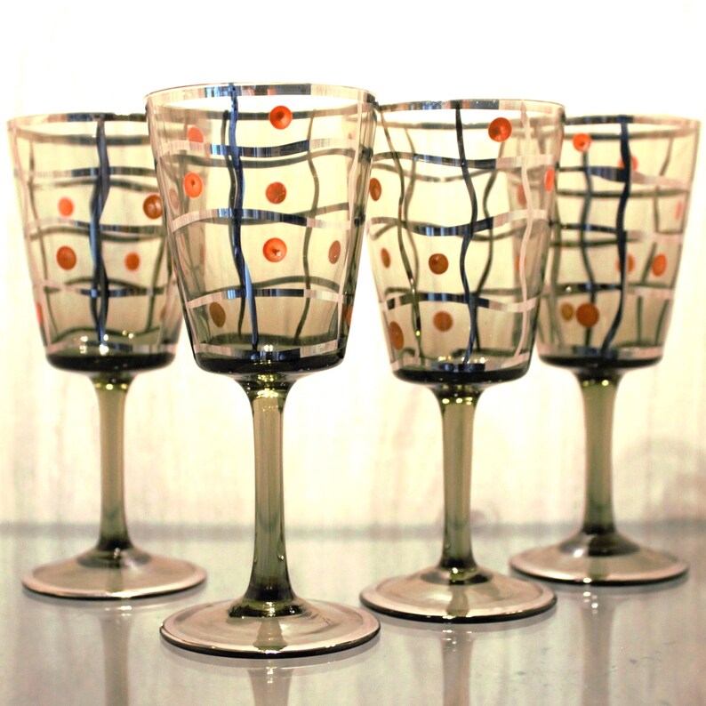 Vintage MCM Smoky Glass Cocktail Glasses – Set of 4 with Silver & Orange Atomic Design