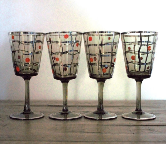 Vintage MCM Smoky Glass Cocktail Glasses – Set of 4 with Silver & Orange Atomic Design