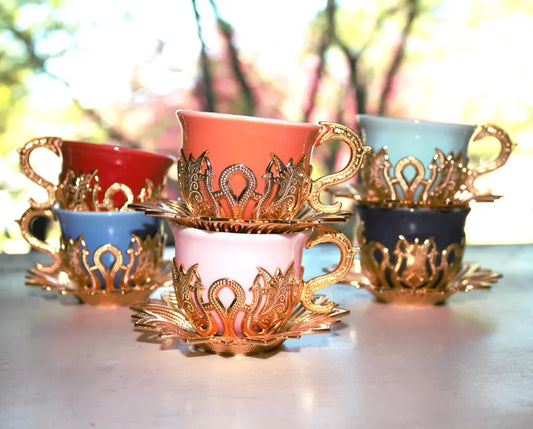 Vintage Turkish Coffee Set – 11 Piece Tea Service with Gold-Tone Cup Holders