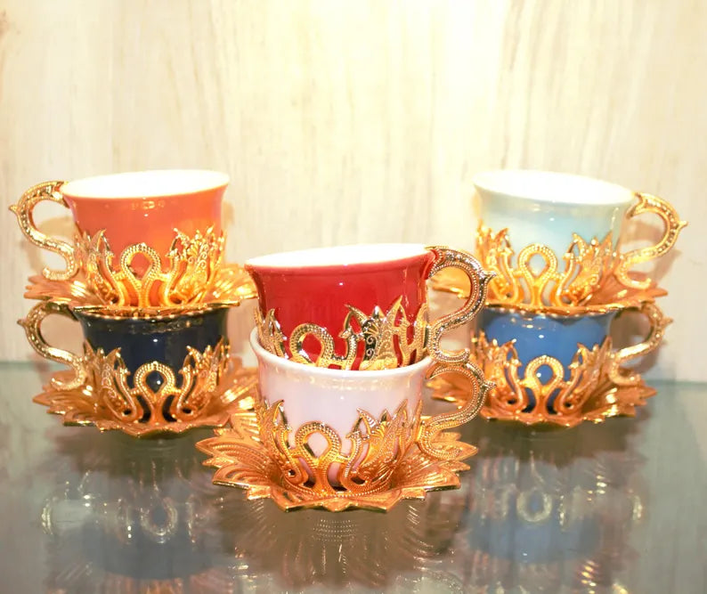 Vintage Turkish Coffee Set – 11 Piece Tea Service with Gold-Tone Cup Holders