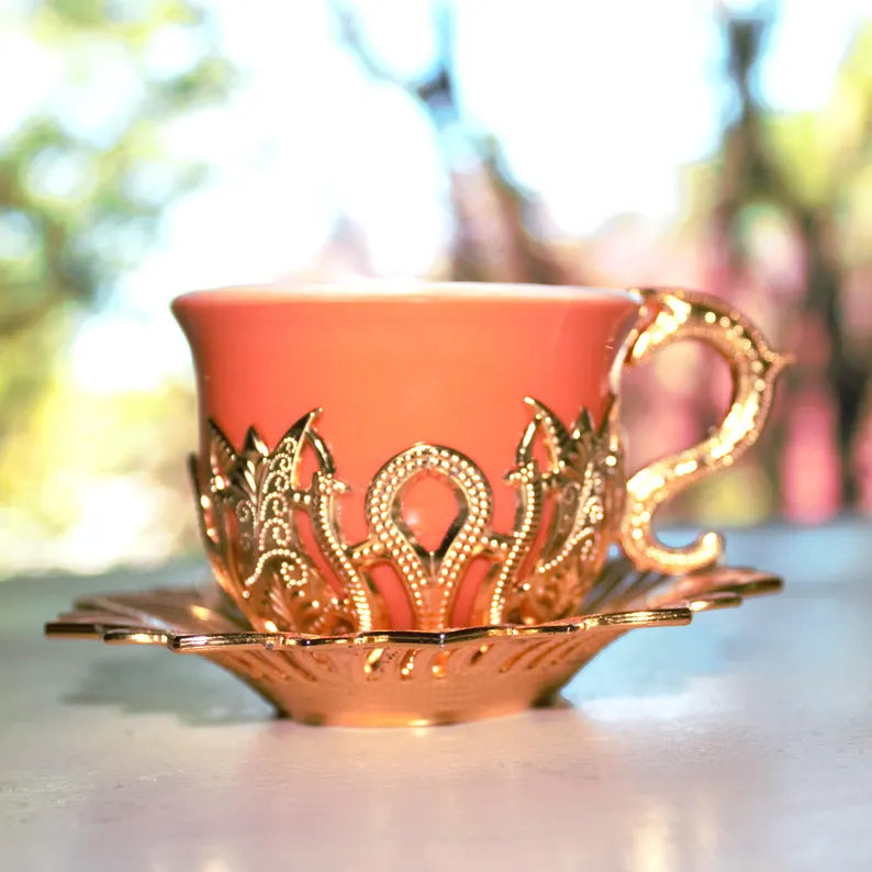 Vintage Turkish Coffee Set – 11 Piece Tea Service with Gold-Tone Cup Holders