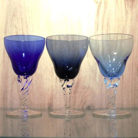 Vintage Blue Cordial Glasses – Set of 3 Hand-Blown Art Glass Coupes with Twisted Stems