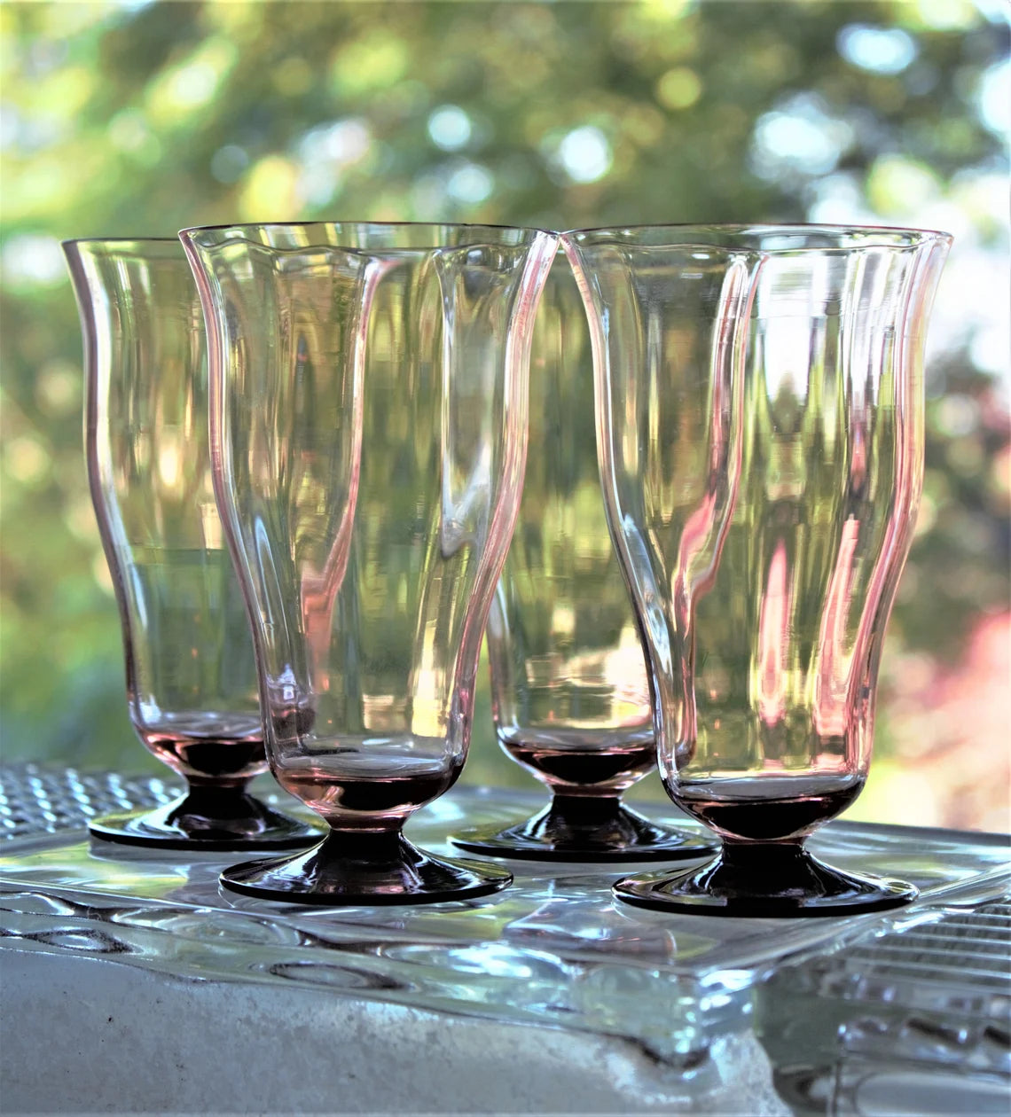 1930s Art Deco Pink & Black Footed Cocktail Glasses | Set of 4 Antique Glasses