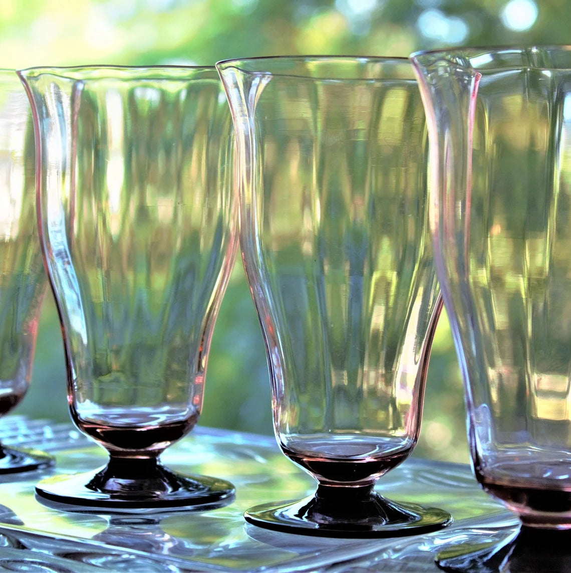 1930s Art Deco Pink & Black Footed Cocktail Glasses | Set of 4 Antique Glasses