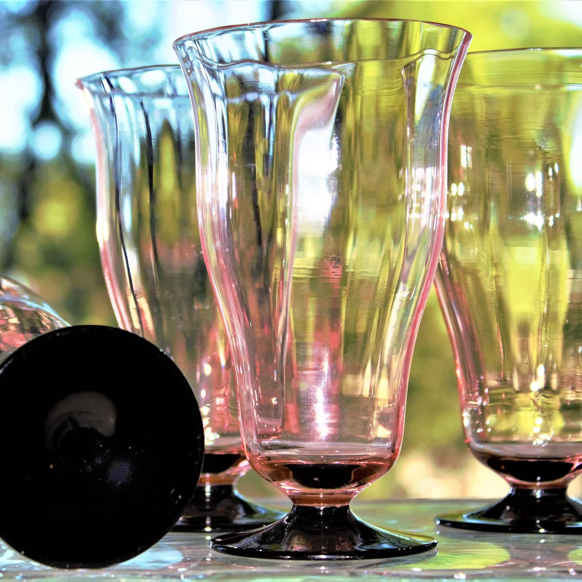 1930s Art Deco Pink & Black Footed Cocktail Glasses | Set of 4 Antique Glasses