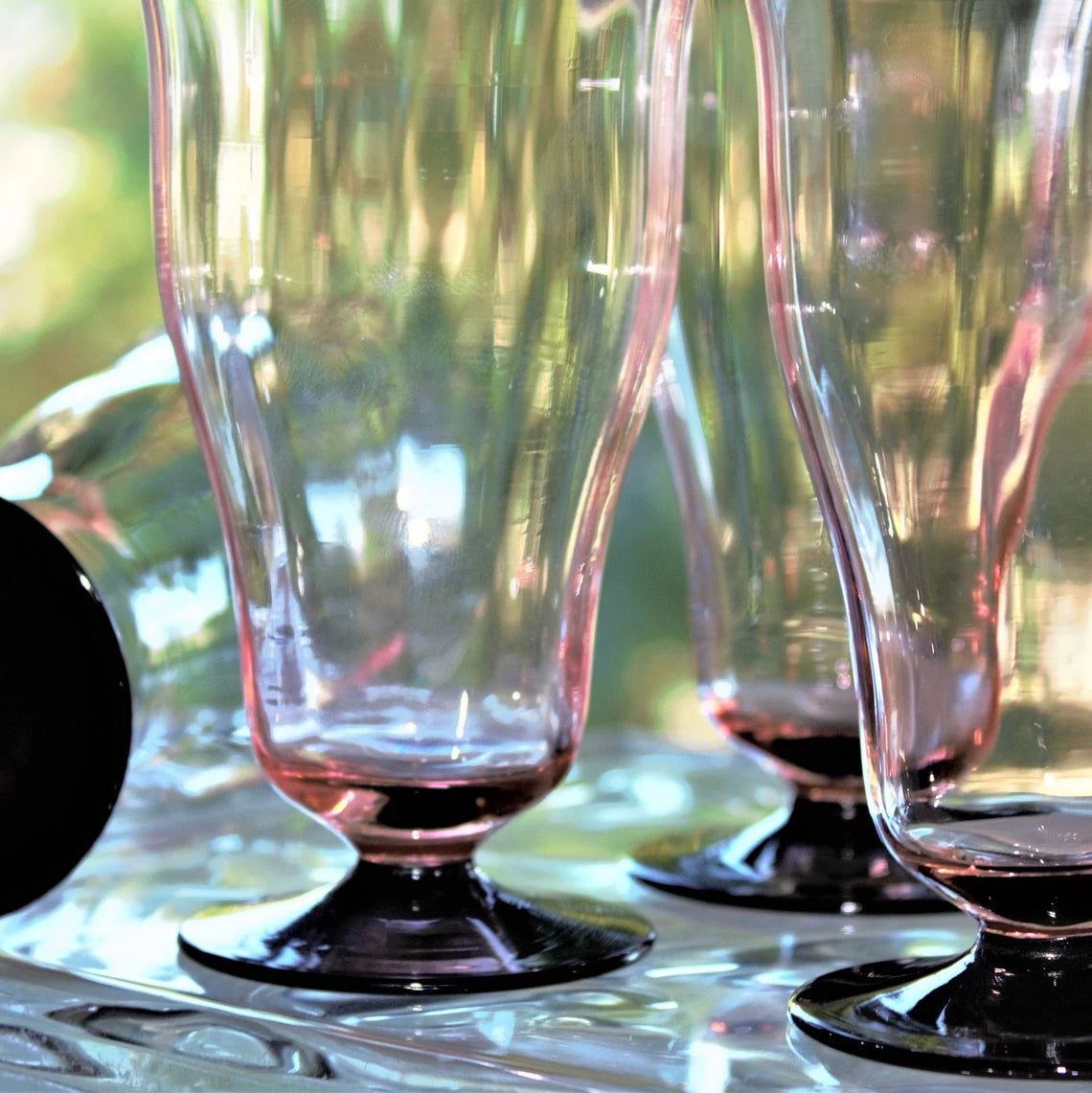 1930s Art Deco Pink & Black Footed Cocktail Glasses | Set of 4 Antique Glasses