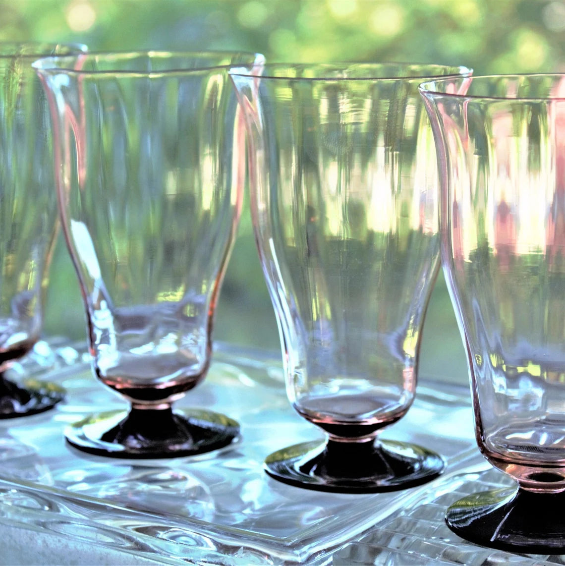 1930s Art Deco Pink & Black Footed Cocktail Glasses | Set of 4 Antique Glasses