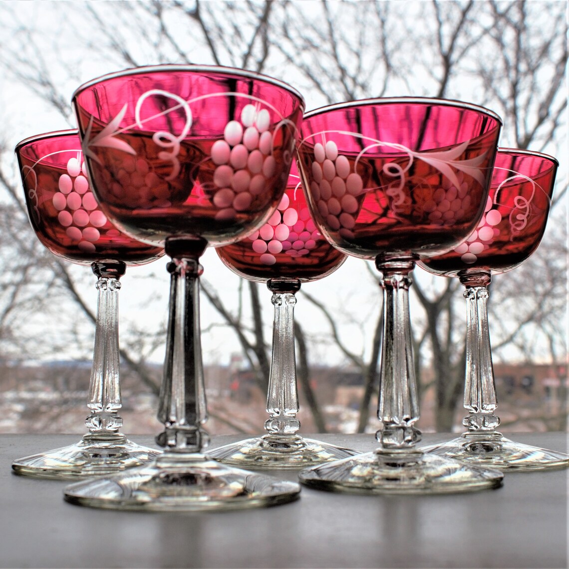 Vintage Cranberry Etched Coupe Glasses - Grape Vine Pattern, Set of 6